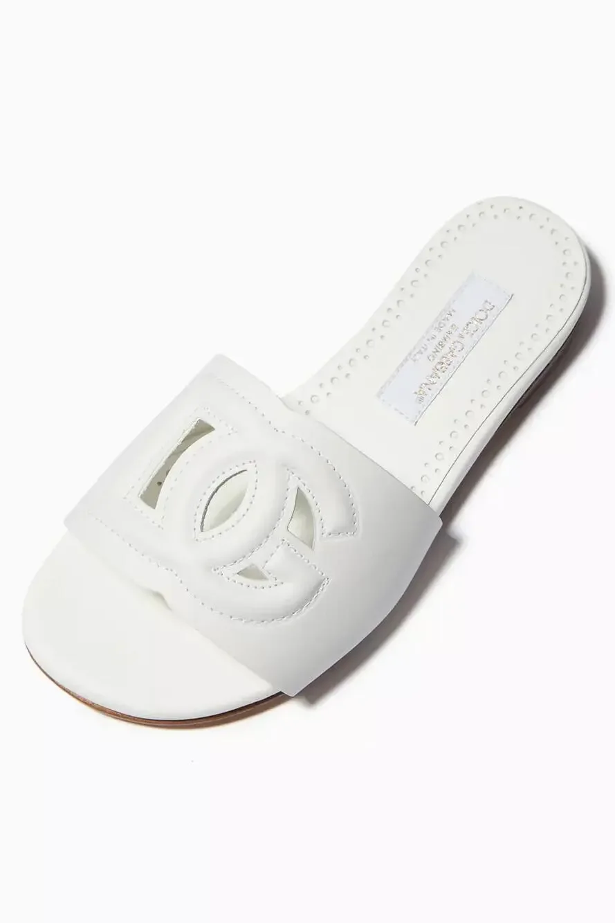 Dolce and Gabbana DG Millennials Cutout Logo Slides Sandals White Kid EU 32/US 1